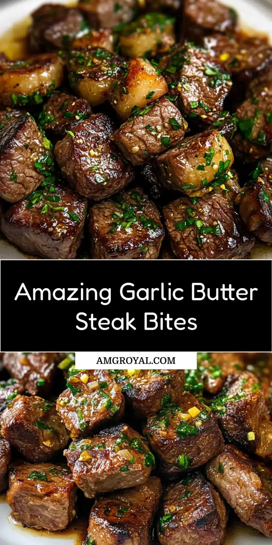 Served garlic butter steak bites on a plate garnished with fresh herbs