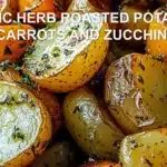 GARLIC HERB ROASTED POTATOES CARROTS AND ZUCCHINI centered hero view, clean and uncluttered