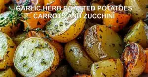 GARLIC HERB ROASTED POTATOES CARROTS AND ZUCCHINI centered hero view, clean and uncluttered