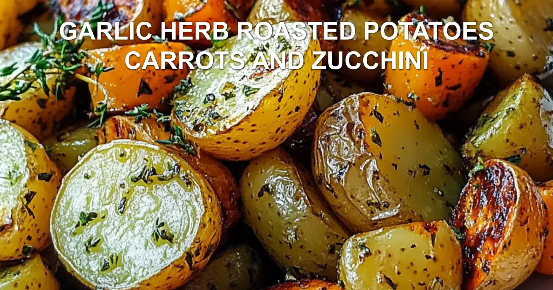 GARLIC HERB ROASTED POTATOES CARROTS AND ZUCCHINI centered hero view, clean and uncluttered