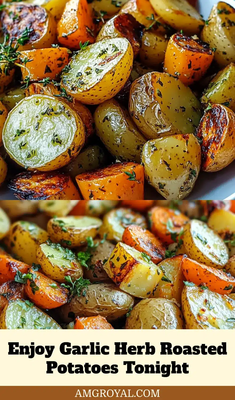 Close-up of garlic herb roasted potatoes, carrots, and zucchini with golden edges