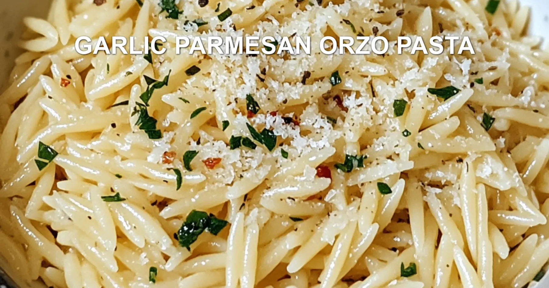 GARLIC PARMESAN ORZO PASTA centered hero view, clean and uncluttered