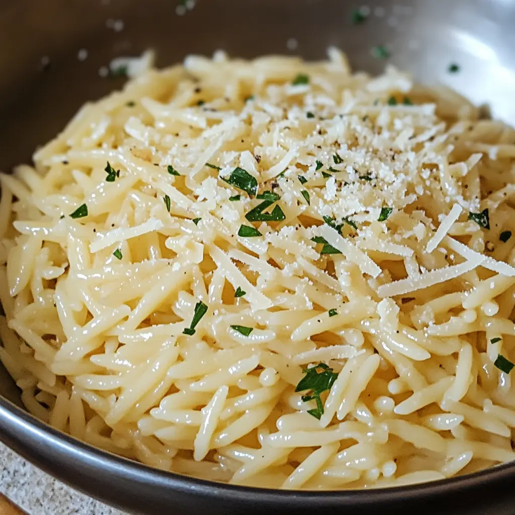GARLIC PARMESAN ORZO PASTA centered hero view, clean and uncluttered