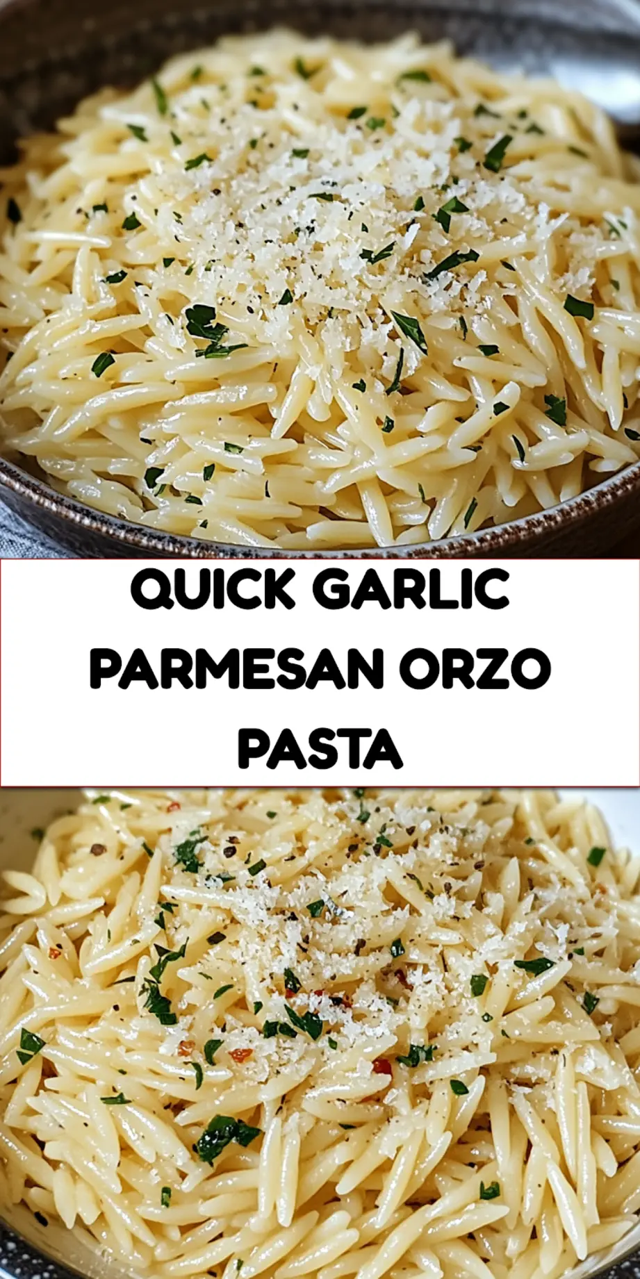GARLIC PARMESAN ORZO PASTA centered hero view, clean and uncluttered_pin