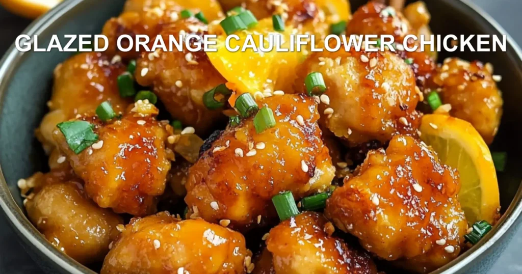 GLAZED ORANGE CAULIFLOWER CHICKEN centered hero view, clean and uncluttered