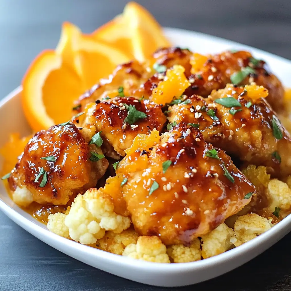 Glazed orange cauliflower chicken centered hero view, clean and uncluttered