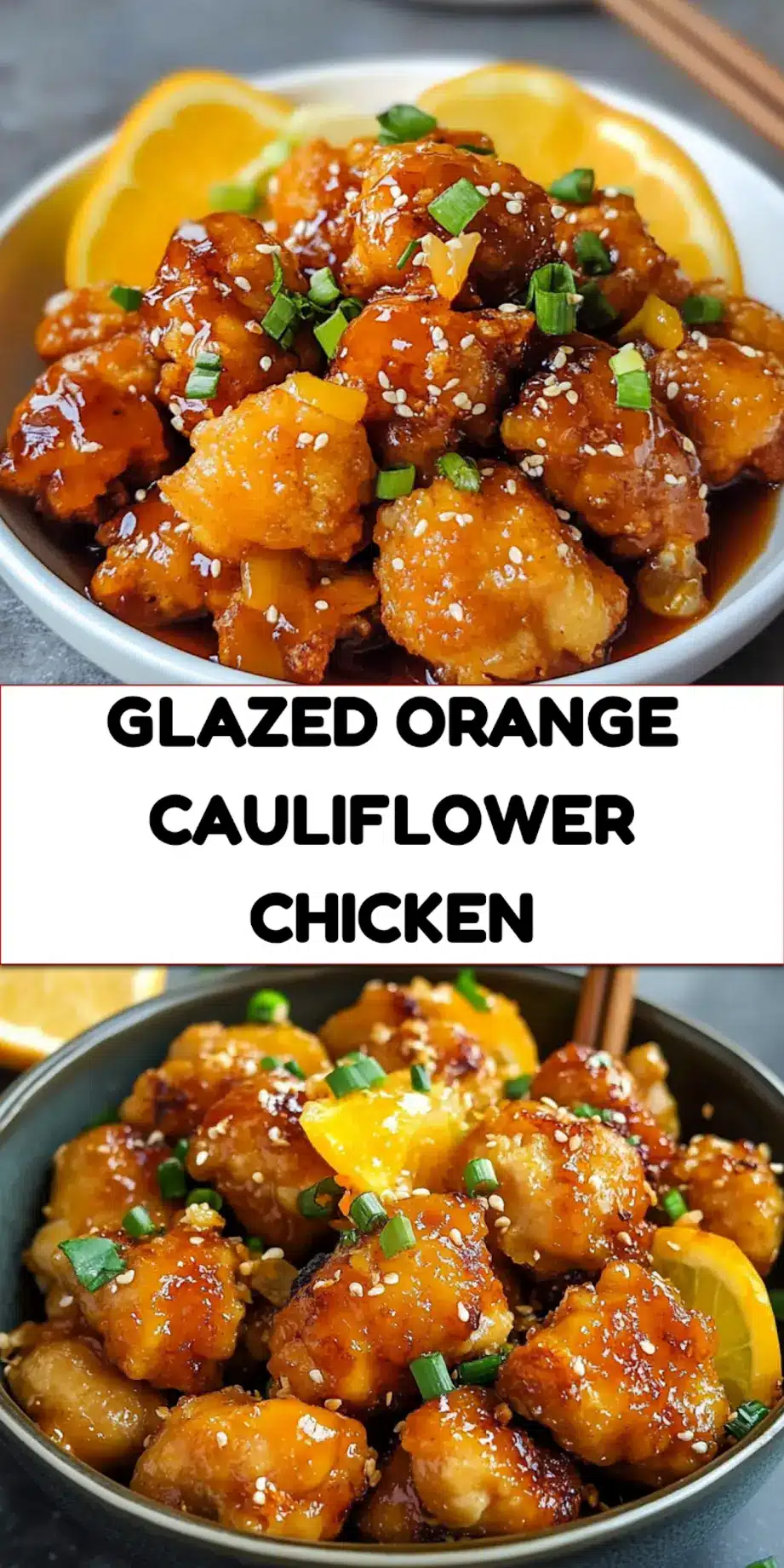 Glazed orange cauliflower chicken centered hero view, clean and uncluttered