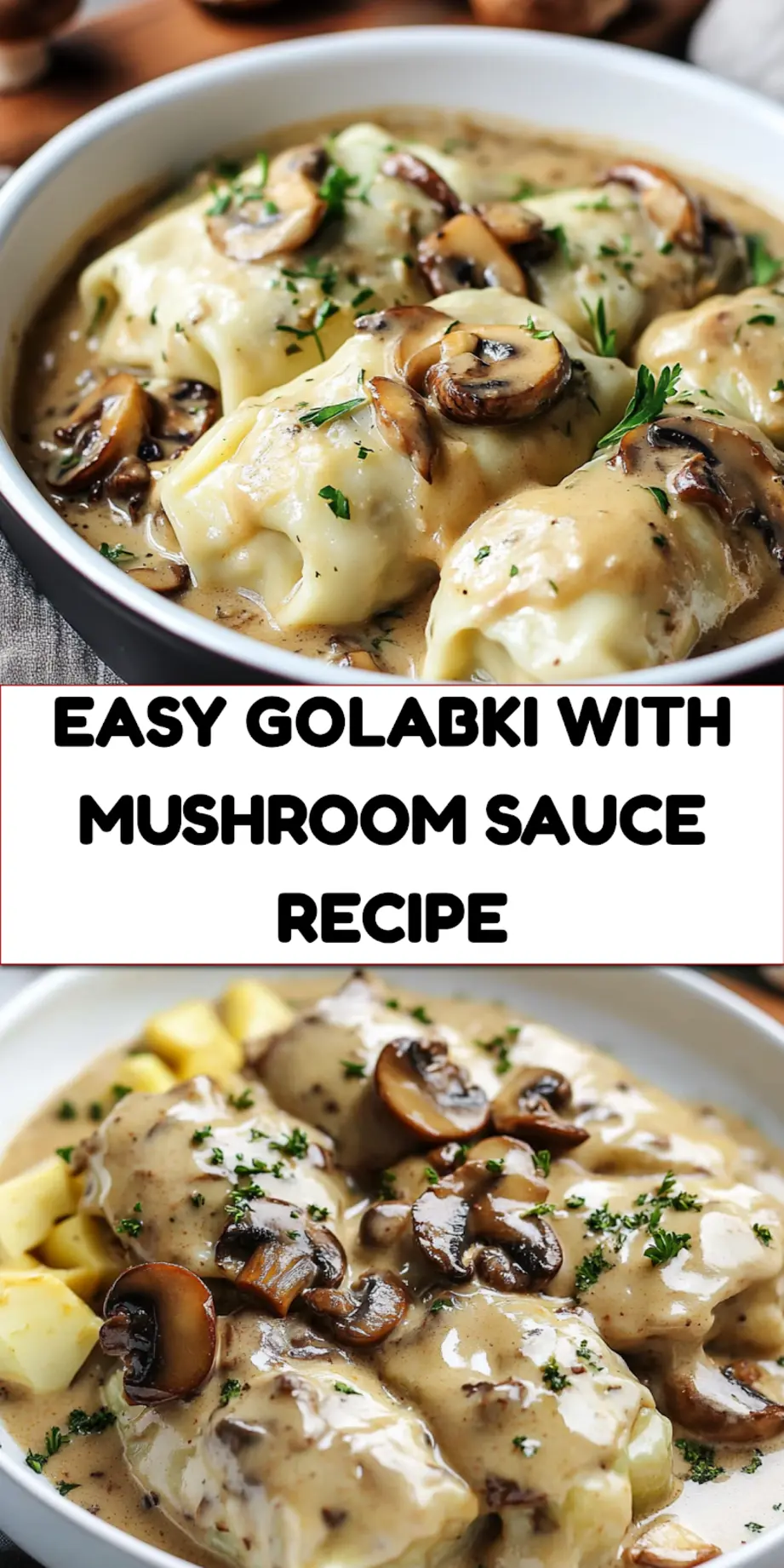 Gołąbki with mushroom sauce recipe centered hero view, clean and uncluttered pin