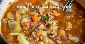 Ground Beef Cabbage Soup Easy and Delicious Recipe GROUND BEEF CABBAGE SOUP centered hero view, clean and uncluttered