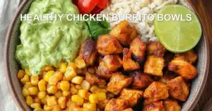 HEALTHY CHICKEN BURRITO BOWLS centered hero view, clean and uncluttered