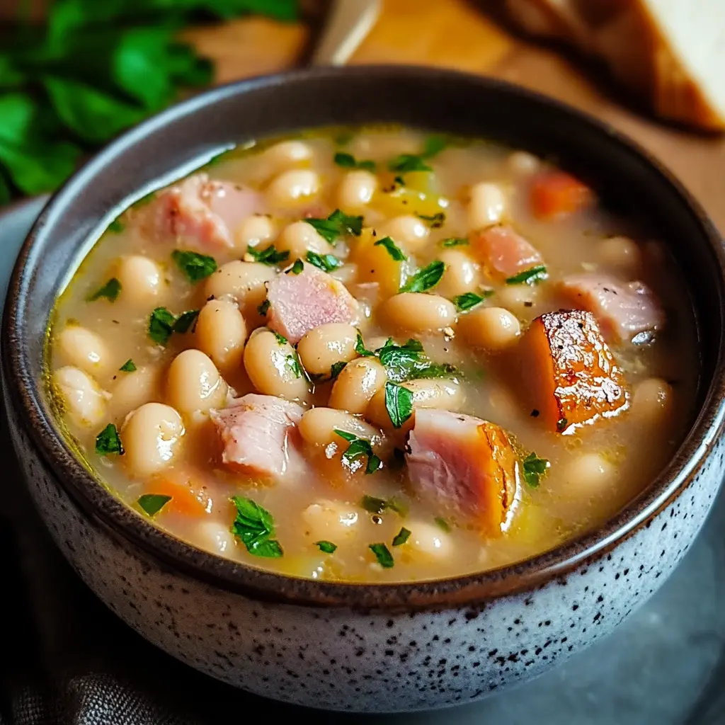 Hearty Ham and White Bean Soup centered hero view, clean and uncluttered