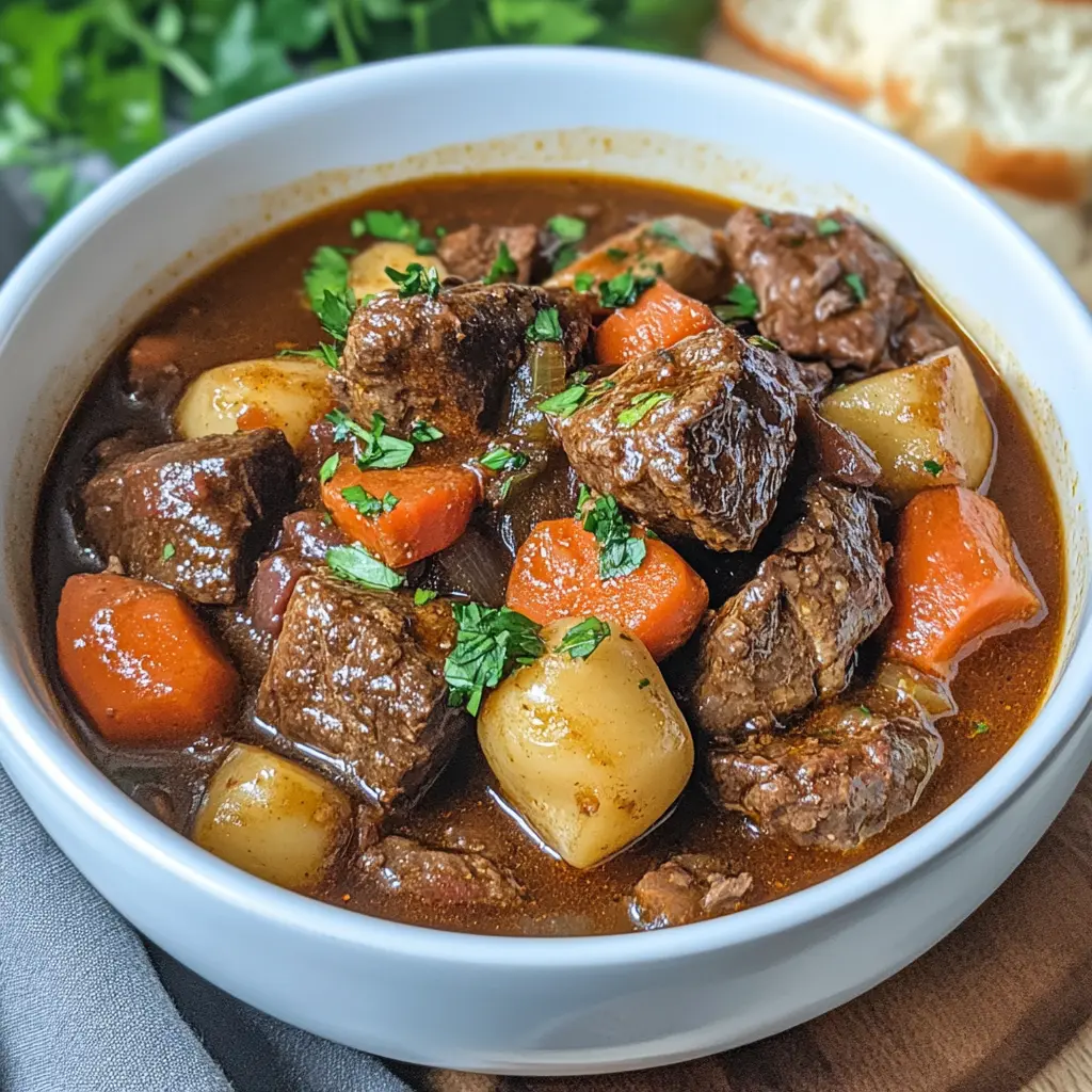 HEARTY HOMESTYLE BEEF STEW centered hero view, clean and uncluttered