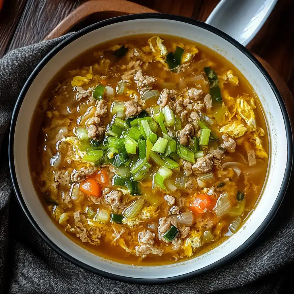 Hearty one pot egg roll soup in a bowl with tender cabbage, ground pork, and green onions