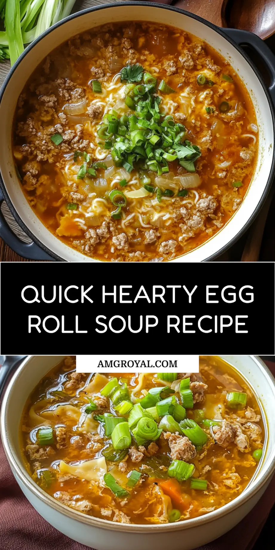 Pinterest pin image of hearty one pot egg roll soup with overlay text