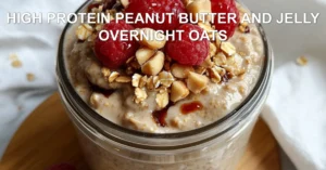 HIGH PROTEIN PEANUT BUTTER AND JELLY OVERNIGHT OATS centered hero view, clean and uncluttered