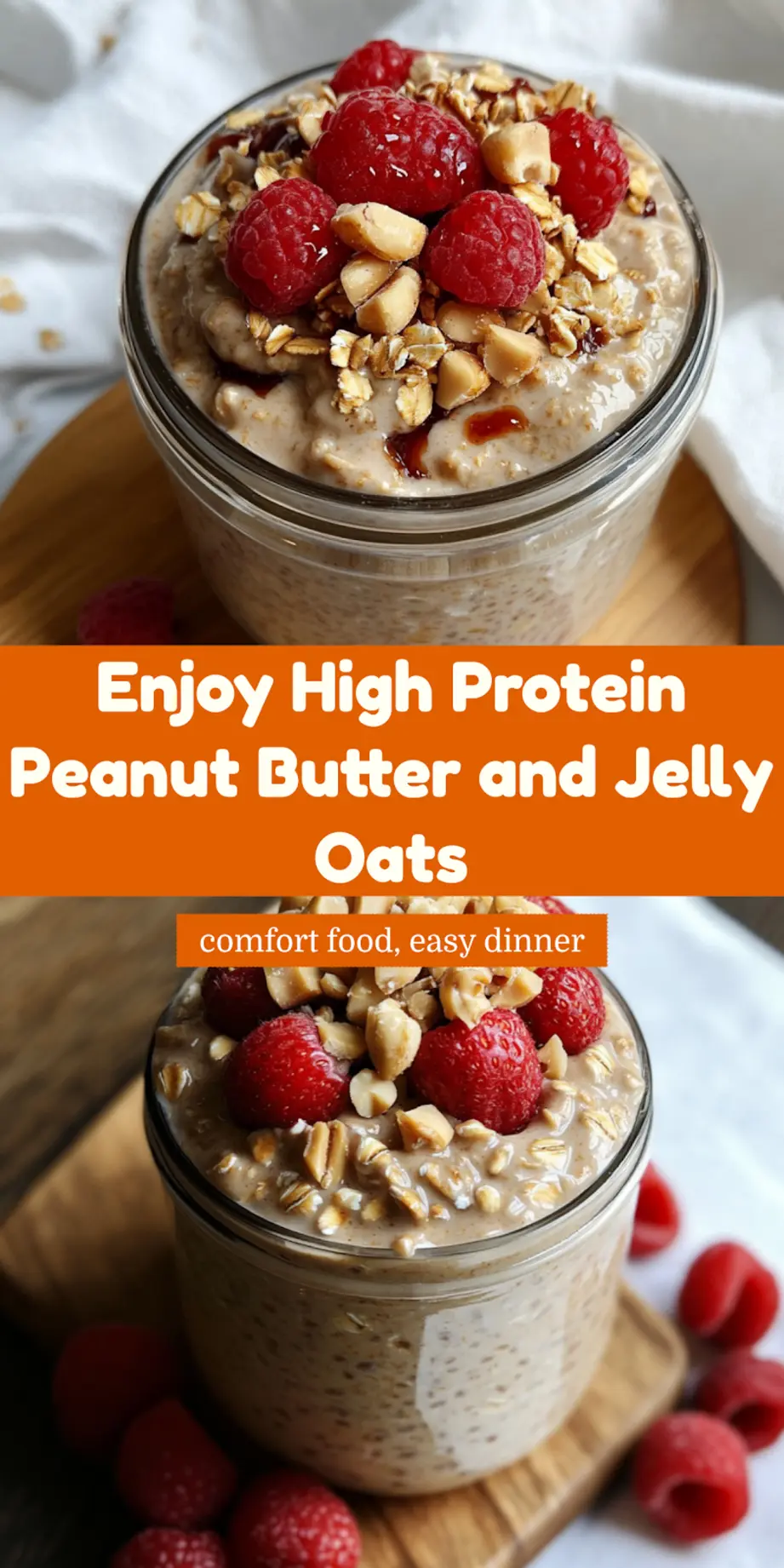 HIGH PROTEIN PEANUT BUTTER AND JELLY OVERNIGHT OATS centered hero view, clean and uncluttered_pin
