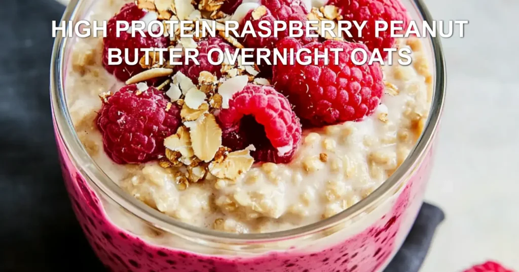 HIGH PROTEIN RASPBERRY PEANUT BUTTER OVERNIGHT OATS centered hero view, clean and uncluttered
