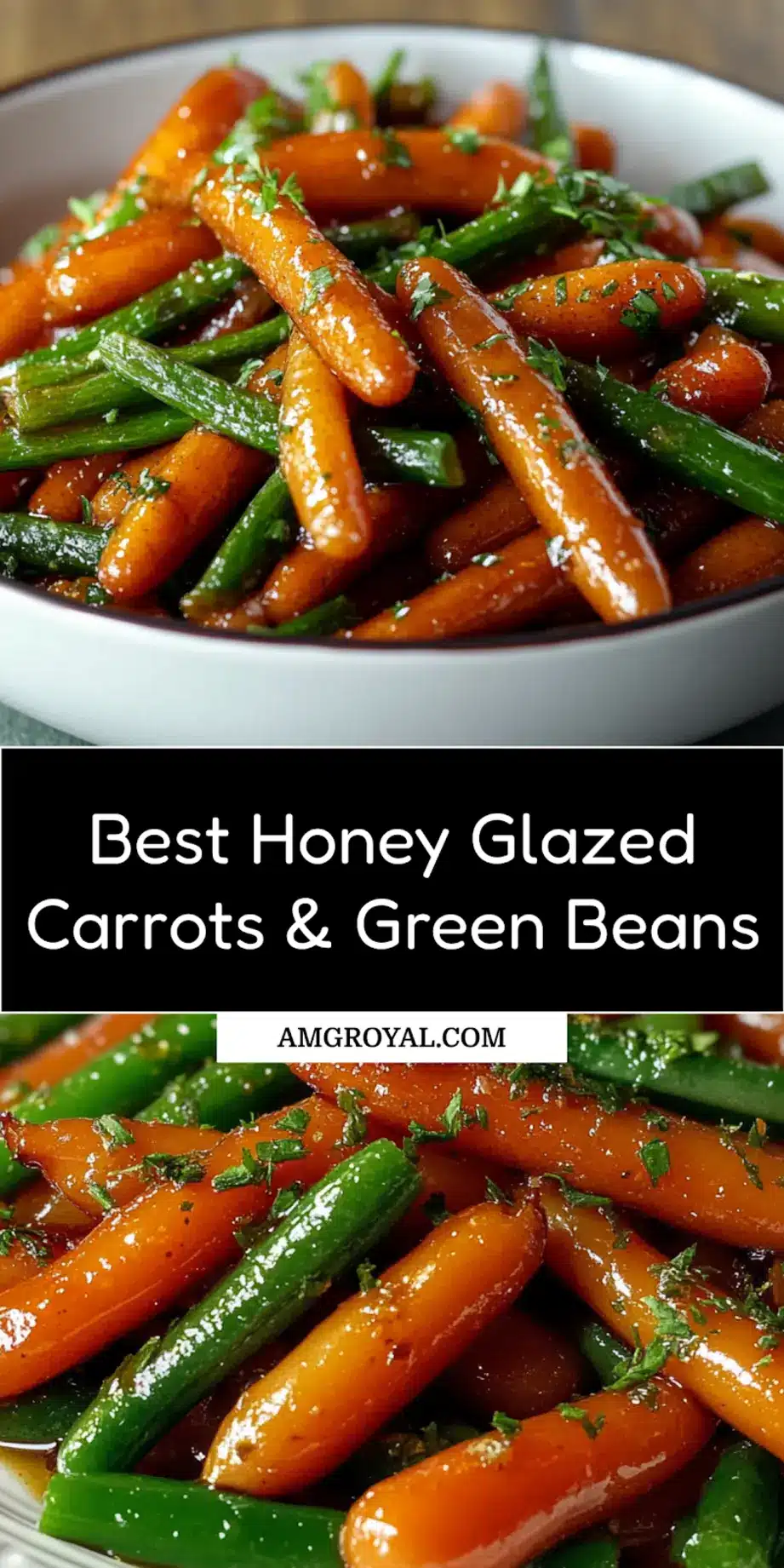 Honey glazed carrots and green beans plated neatly, clean and uncluttered