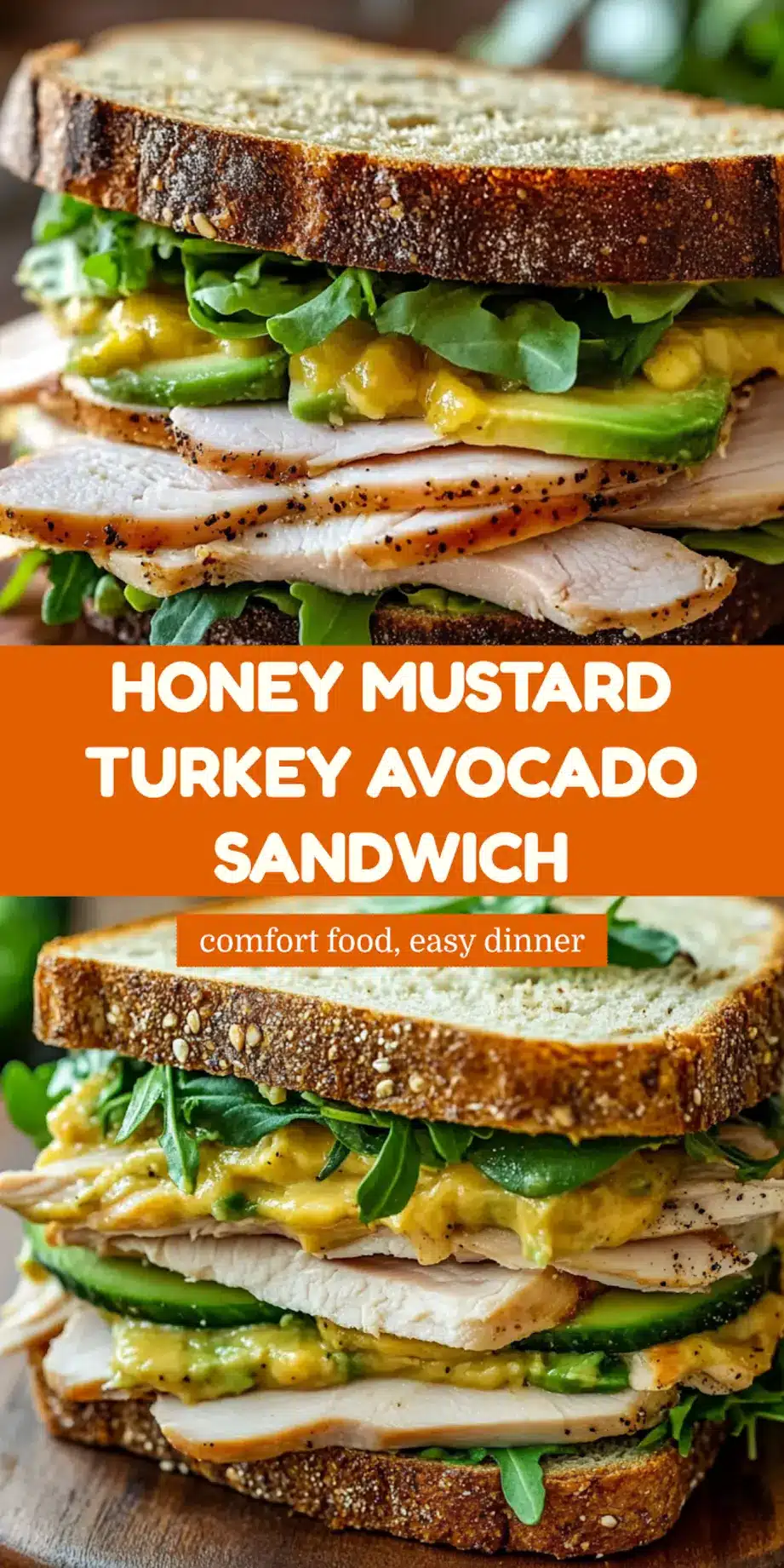 Honey Mustard Turkey Avocado Sandwich centered hero view, clean and uncluttered_pin