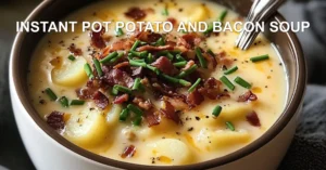 INSTANT POT POTATO AND BACON SOUP centered hero view, clean and uncluttered