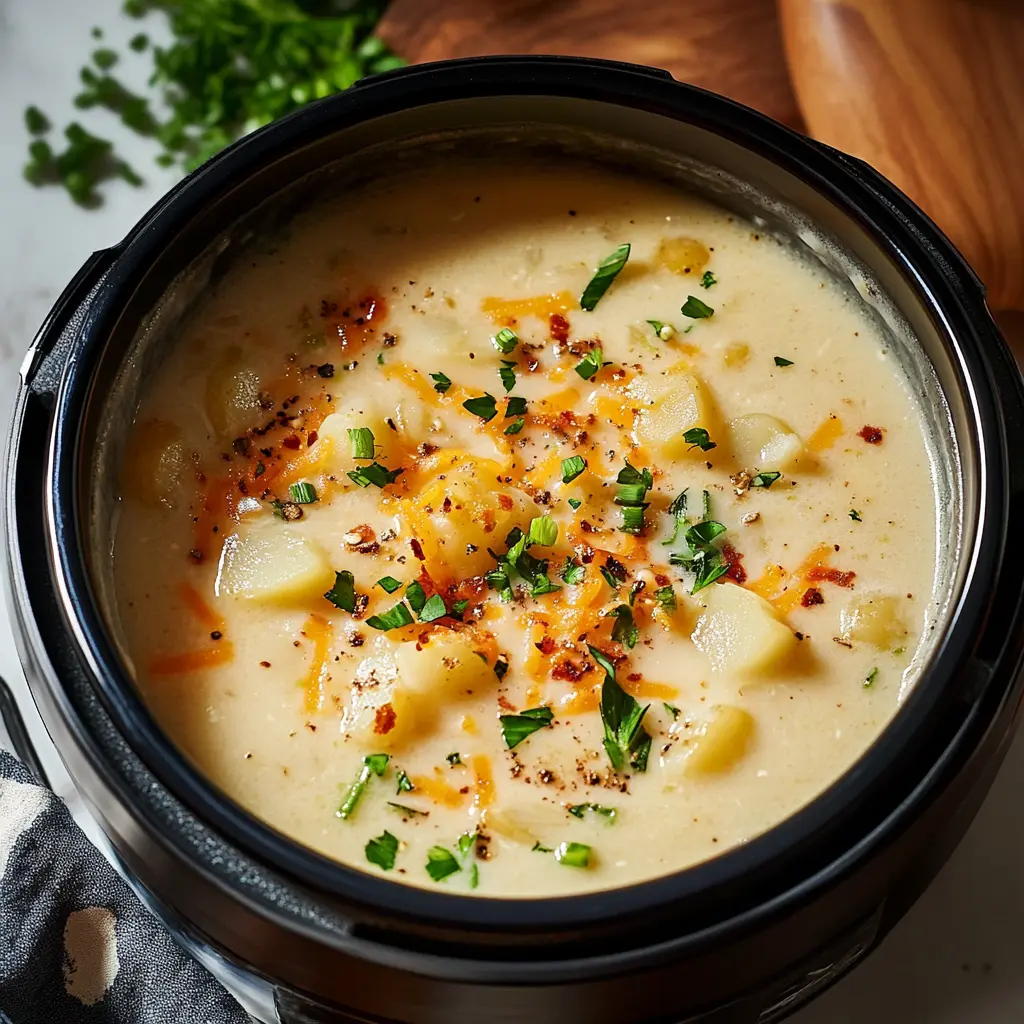 Instant Pot Potato Soup served in a bowl, showcasing creamy texture and garnished with bacon and chives