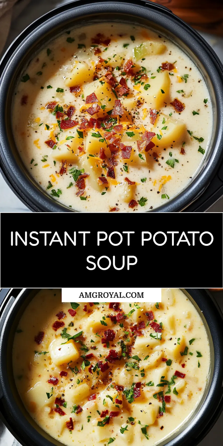 Close-up of creamy Instant Pot Potato Soup garnished with bacon bits and chives