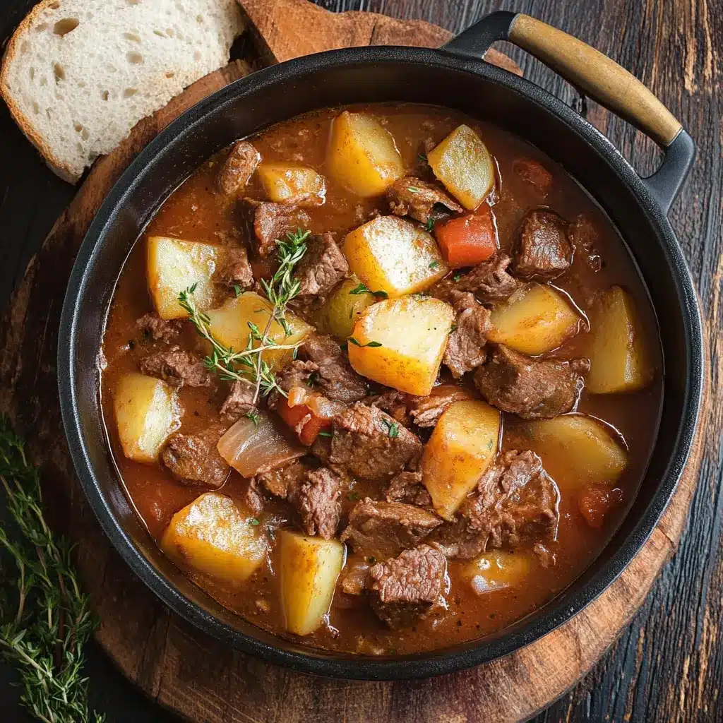 Italian Beef and Potato Stew in a rustic bowl, centered hero view, clean and uncluttered