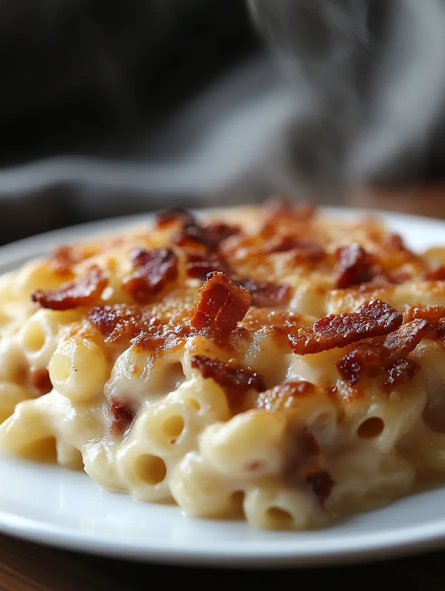 Baked mac and cheese with bacon in white dish, golden crusty top with crispy bacon pieces