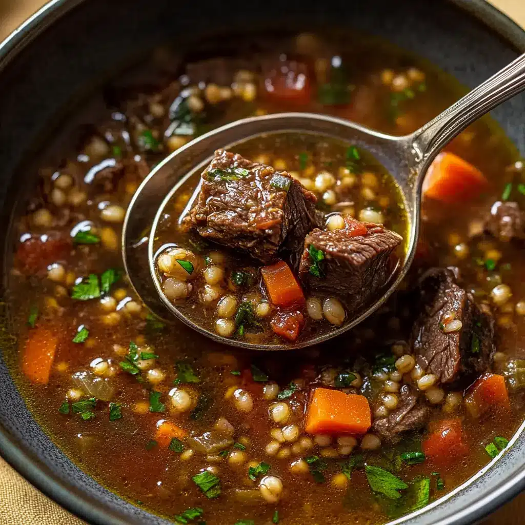 BEEF BARLEY SOUP in rustic bowl, centered hero shot with tender beef chunks and pearl barley in rich broth