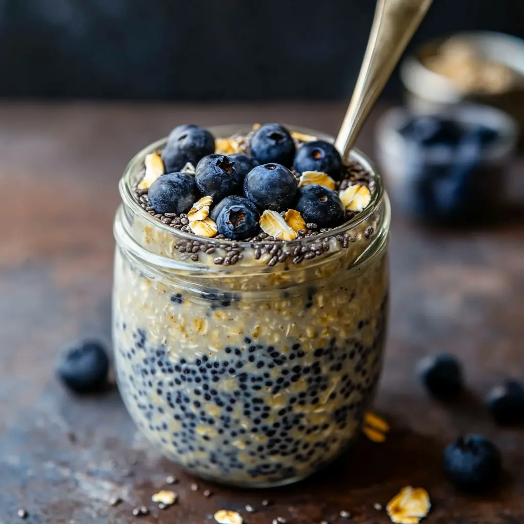 Blueberry chia overnight oats ingredients arranged neatly on a clean surface