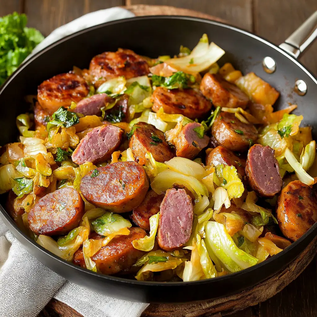Close-up of ingredients for cabbage and sausage skillet recipe, neatly arranged on a kitchen counter