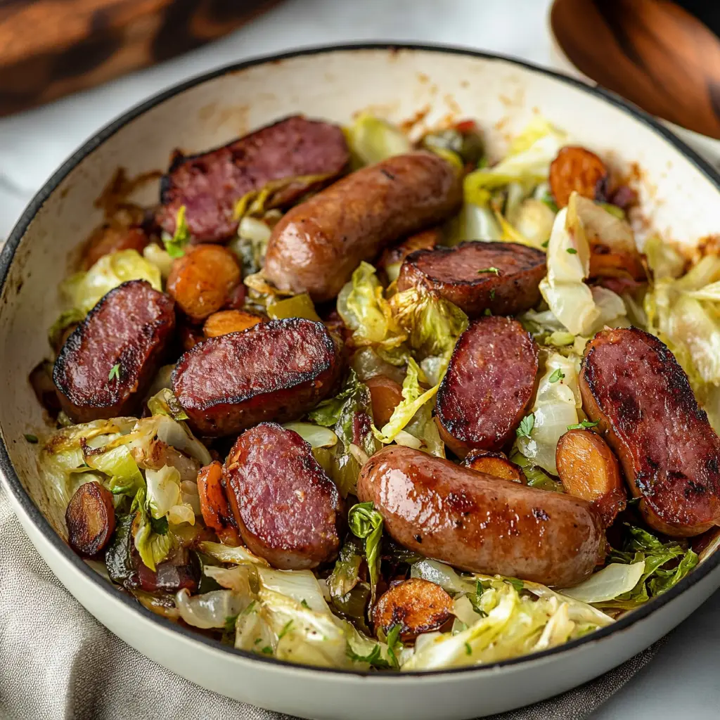Cabbage sausage one pan skillet ingredients neatly arranged on a clean surface