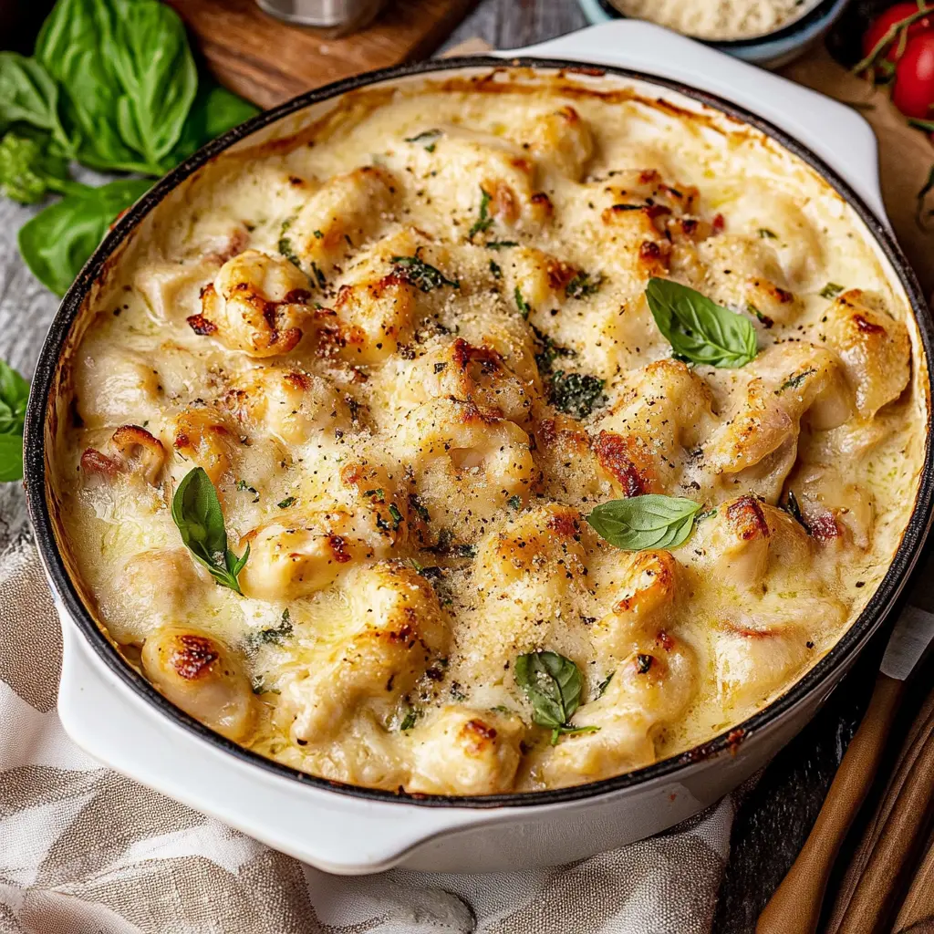 Chicken Alfredo Gnocchi Bake: Delicious Cozy Comfort 6 Chicken Alfredo Gnocchi Bake ingredients neatly arranged on a countertop