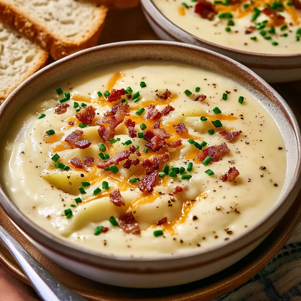 Copycat Panera rustic baked potato soup in white bowl with cheese, bacon, and chives