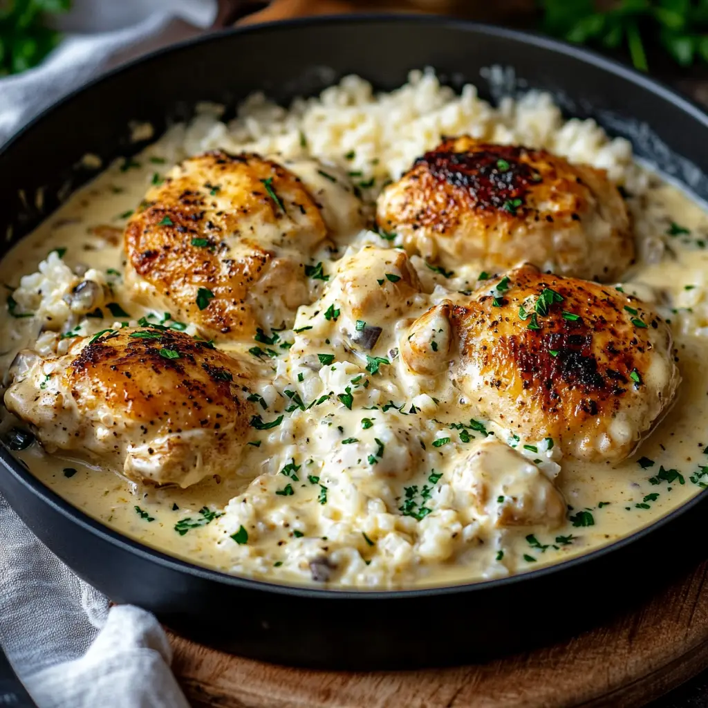 CREAMY SMOTHERED CHICKEN AND RICE DINNER RECIPE centered hero view, clean and uncluttered