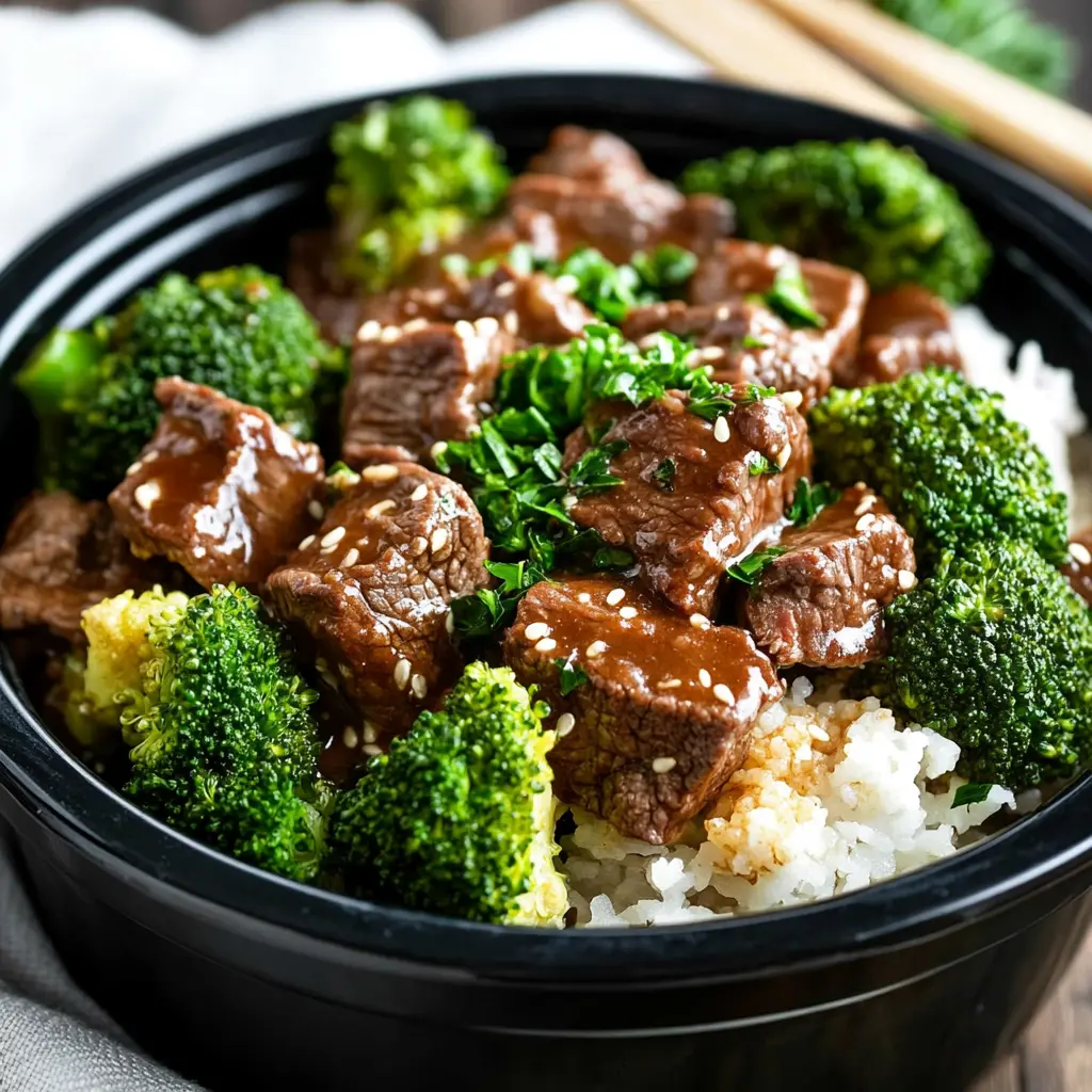 Ingredients for crockpot beef and broccoli arranged in bowls