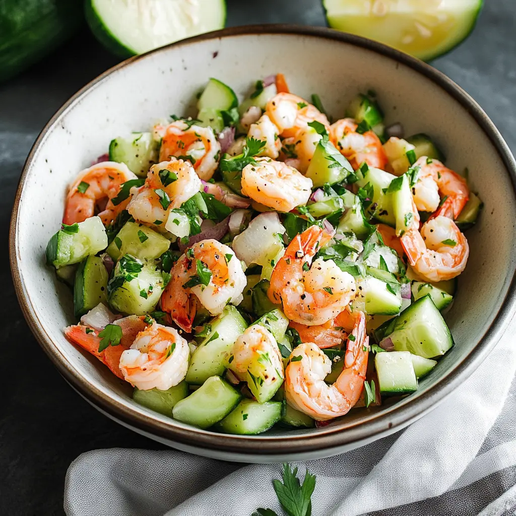 Fresh ingredients for cucumber shrimp salad neatly arranged on a clean surface