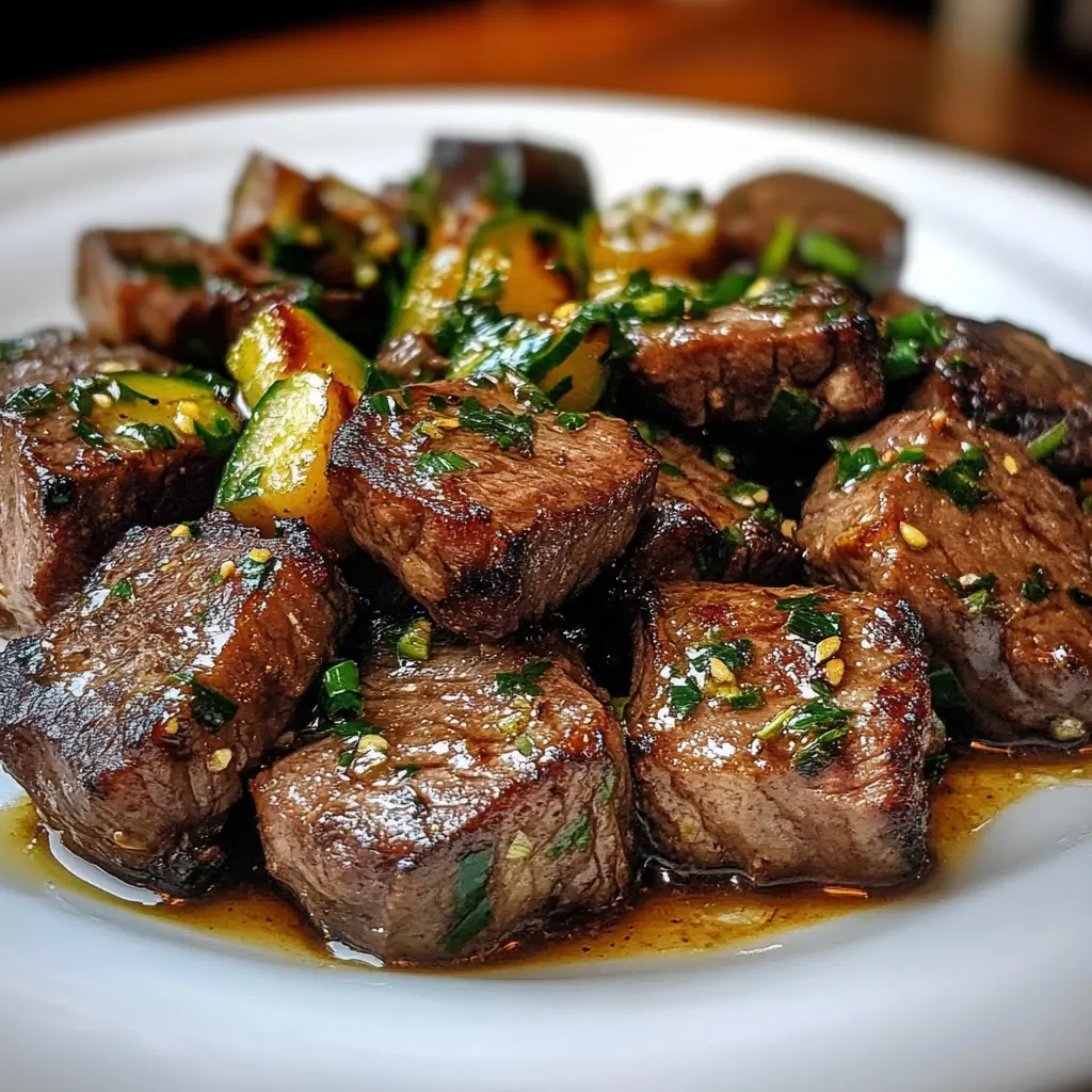 Close-up of ingredients for garlic butter steak bites: fresh garlic, butter, sirloin steak cubes, and zucchini slices