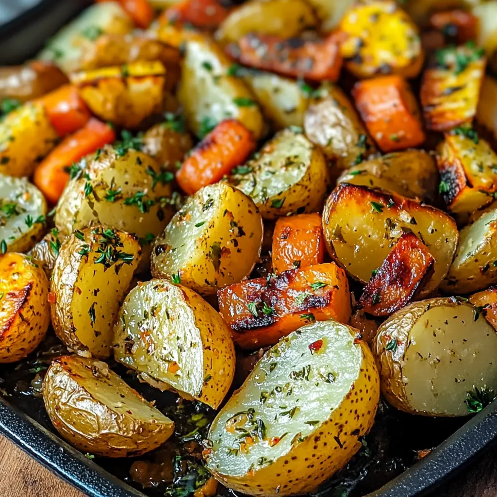 Garlic herb roasted potatoes, carrots, and zucchini arranged neatly on a clean surface