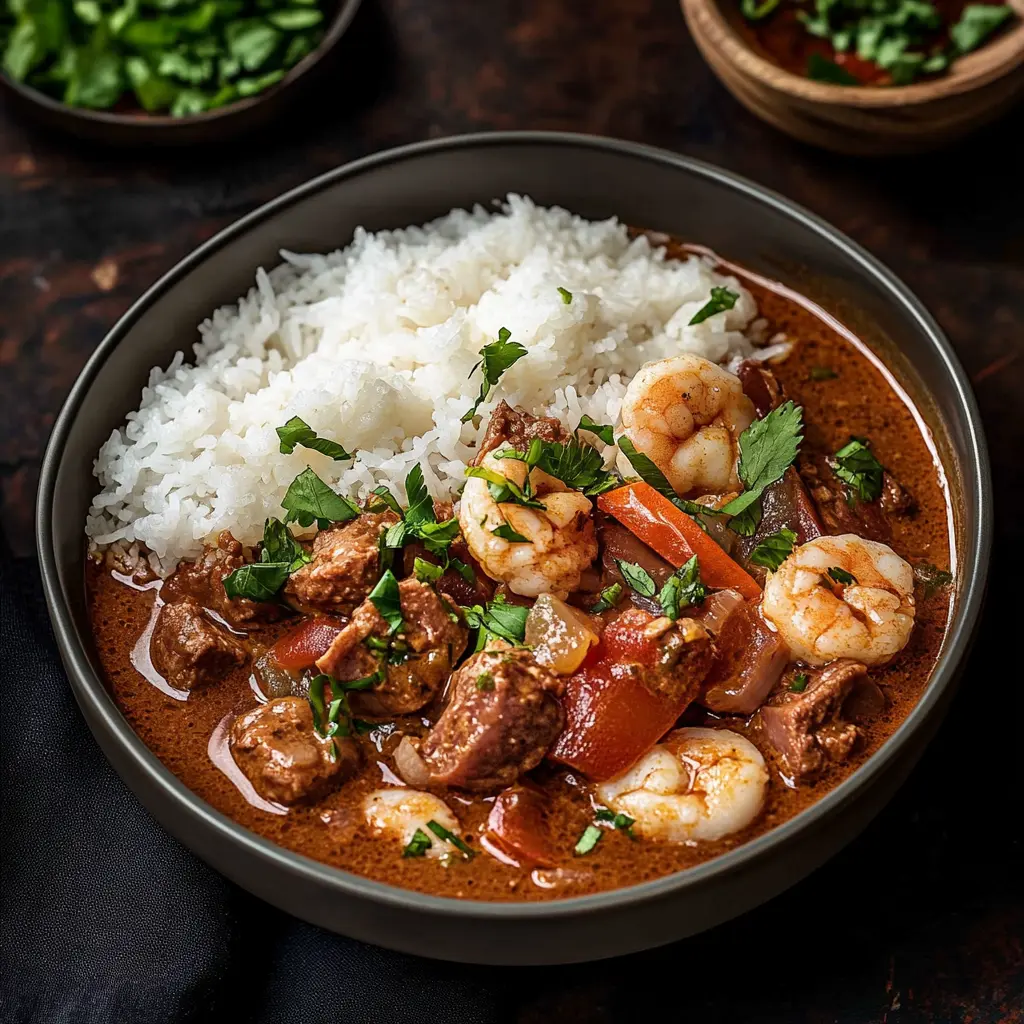 Ingredients for gumbo recipe including shrimp, crab, and andouille sausage
