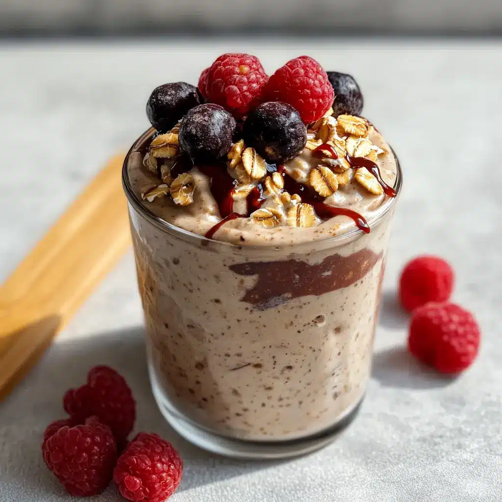 HIGH PROTEIN PEANUT BUTTER AND JELLY OVERNIGHT OATS centered hero view, clean and uncluttered