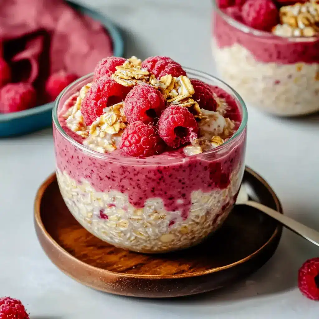 High protein raspberry peanut butter overnight oats ingredients laid out neatly