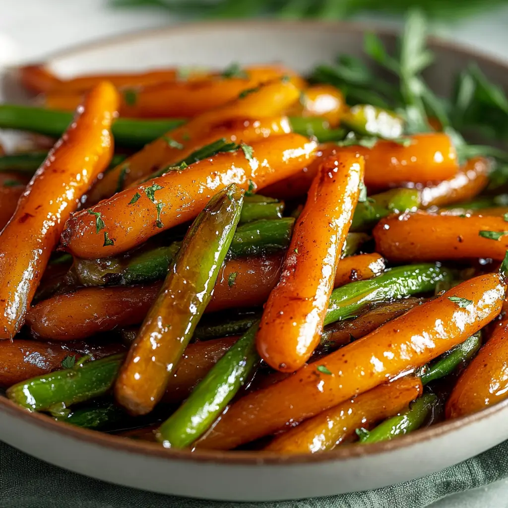 Honey glazed carrots and green beans arranged neatly on a baking tray, clean and uncluttered