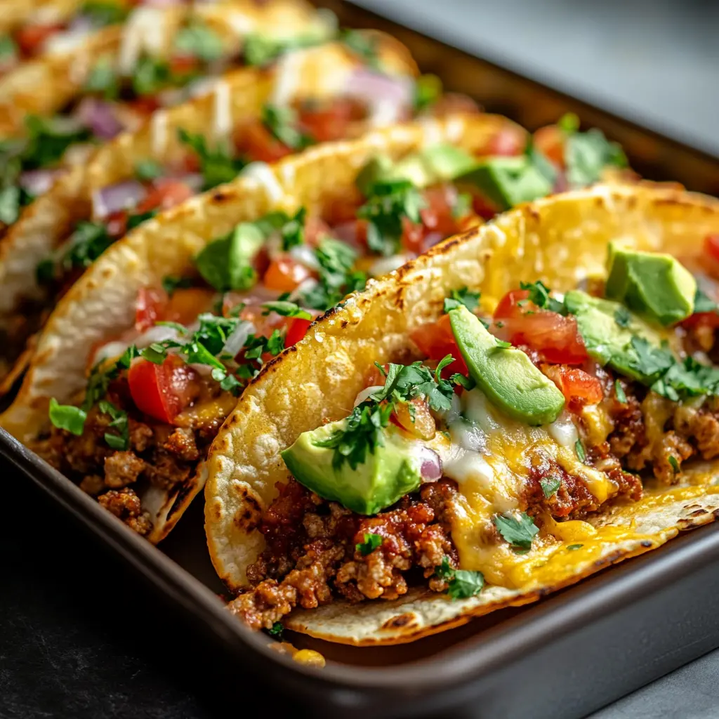 Oven-Baked Cheesy Tacos: Easy and Irresistibly Delicious 6 Oven baked cheesy tacos with ingredients neatly arranged, clean and uncluttered