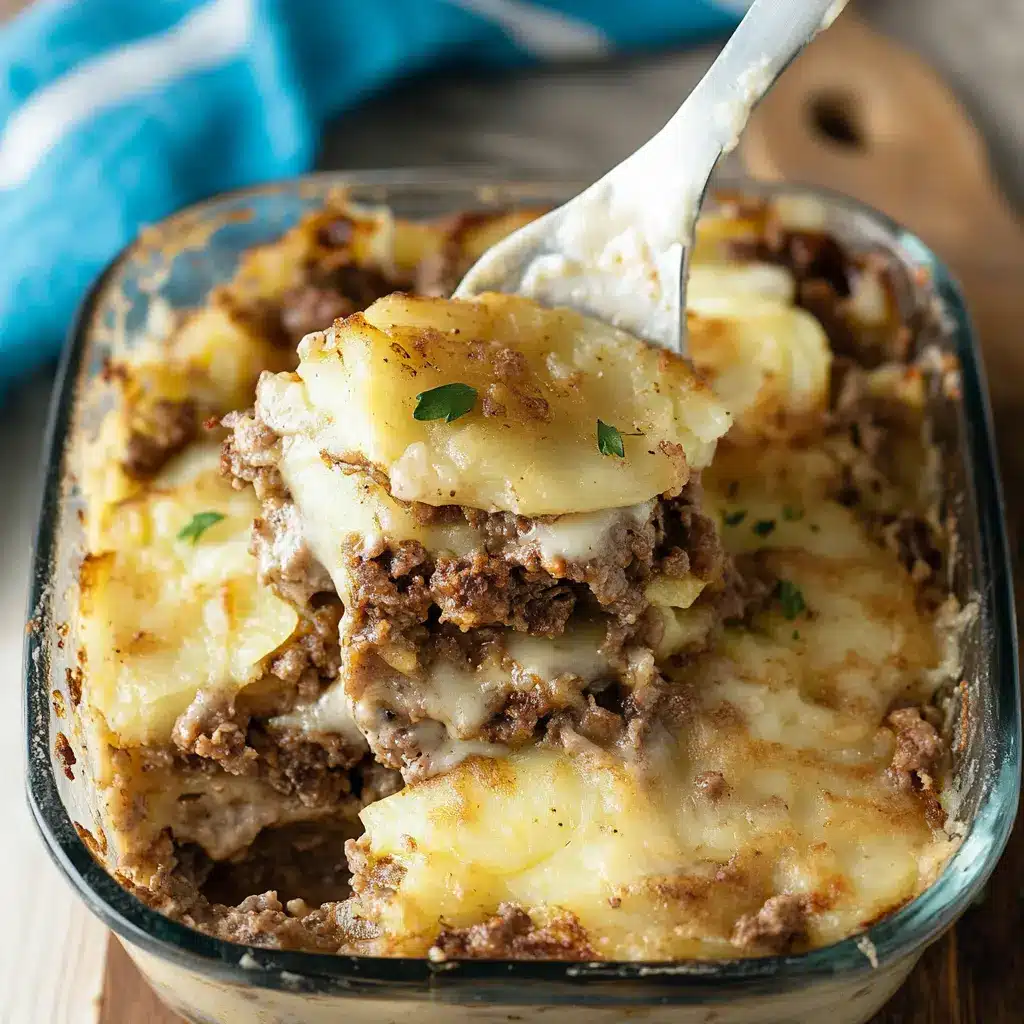 Potato hamburger casserole ingredients arranged neatly on a surface