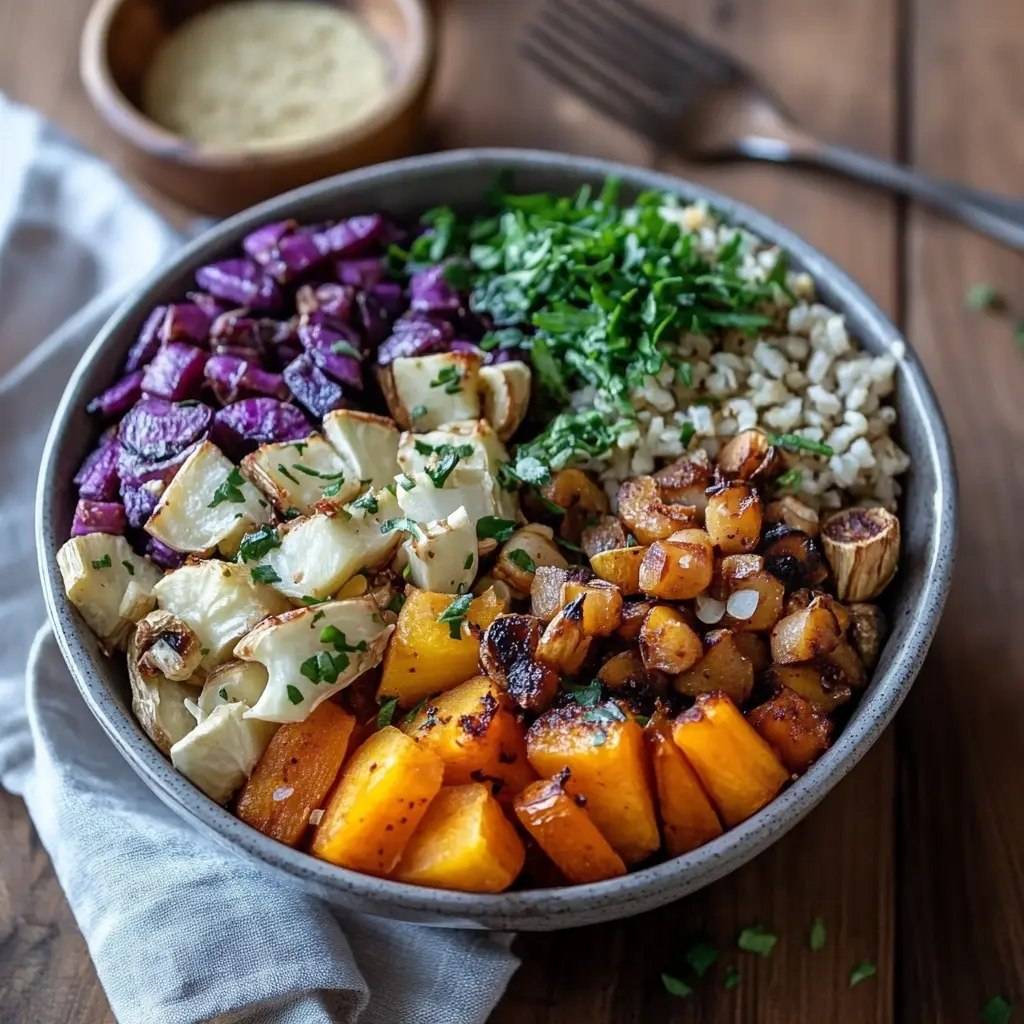 Roasted Root Vegetable Buddha Bowls with Maple Cinnamon 6 Roasted root vegetable Buddha bowls with maple cinnamon - centered hero view, clean and uncluttered