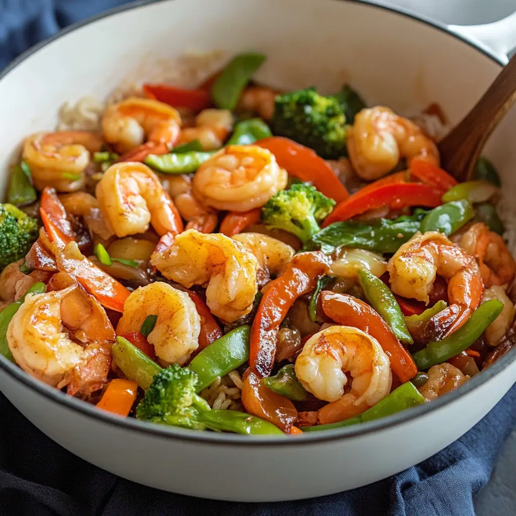Fresh shrimp and colorful vegetables arranged for shrimp stir fry