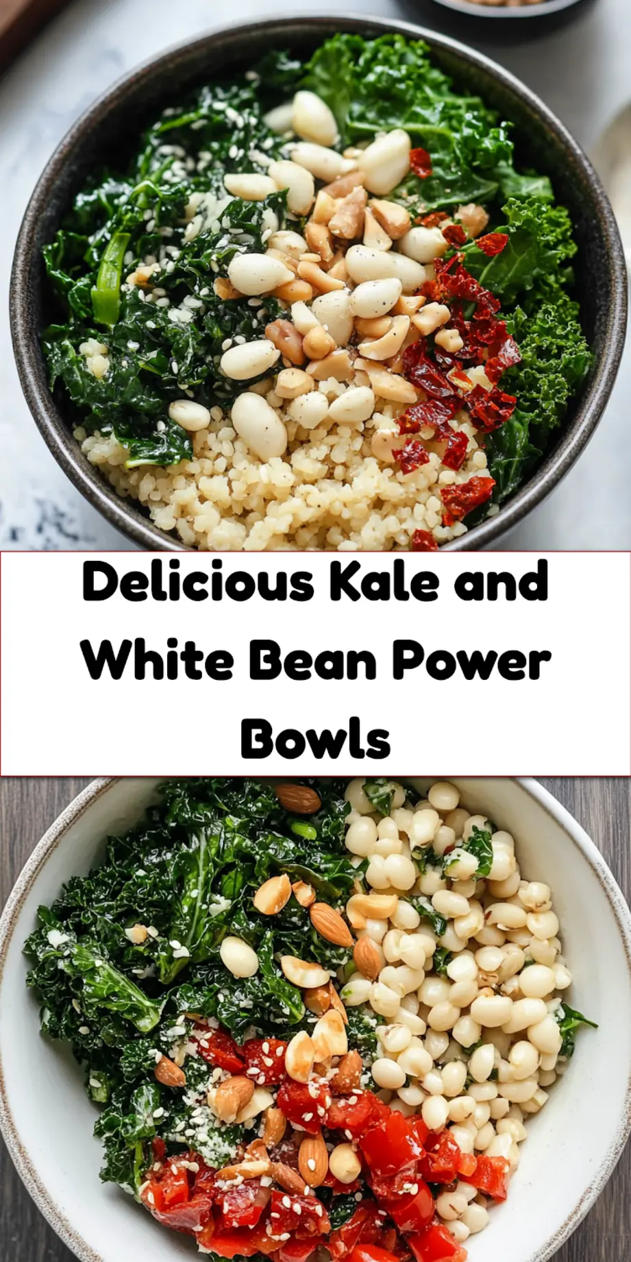 KALE AND WHITE BEAN POWER BOWLS centered hero view, clean and uncluttered with a pin
