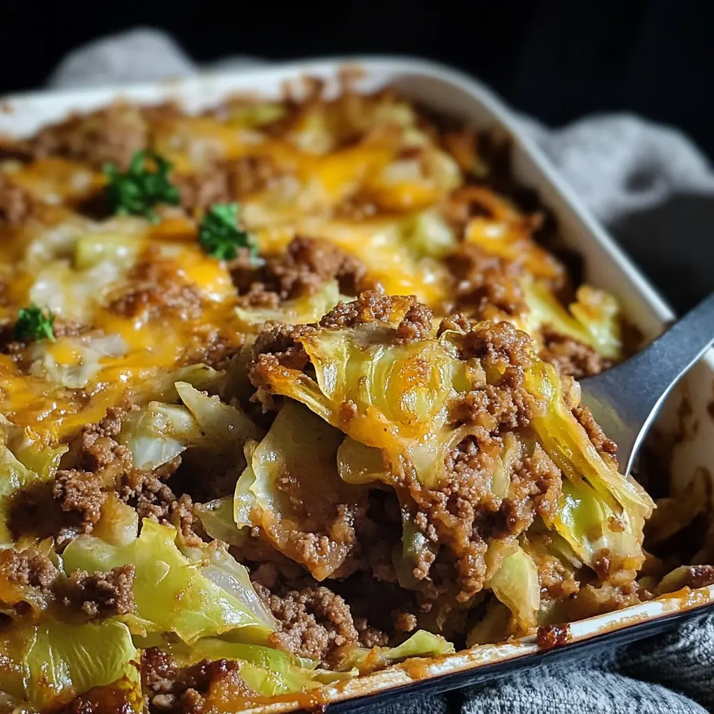 KETO CABBAGE CASSEROLE WITH GROUND BEEF centered hero view, clean and uncluttered