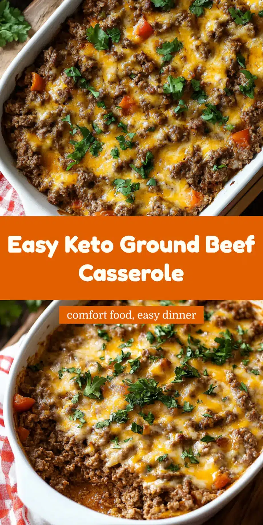 Close-up of keto ground beef casserole with melted cheese and garnishes